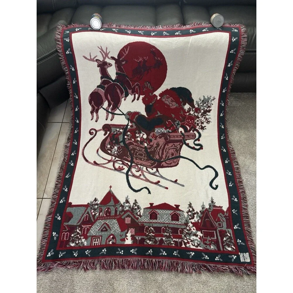 Vintage 90s Christmas Woven Tapestry Throw Blanket Santa Sleigh Reindeer 48x66
